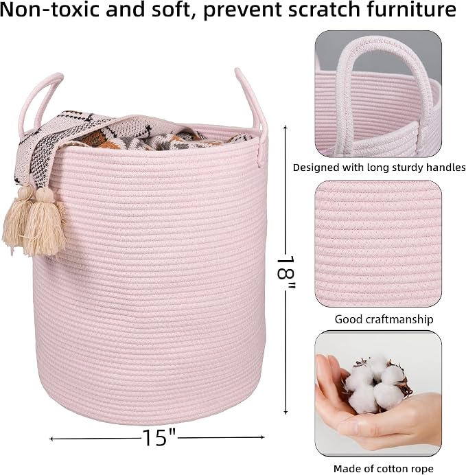 XUANGUO Cotton Rope Laundry Basket Hamper for Girls Kids Baby Nursery Hamper Bin Woven Storage Basket for Living Room Girls room Boho Tall Rope Baskets for Blanket Toys Large light pink