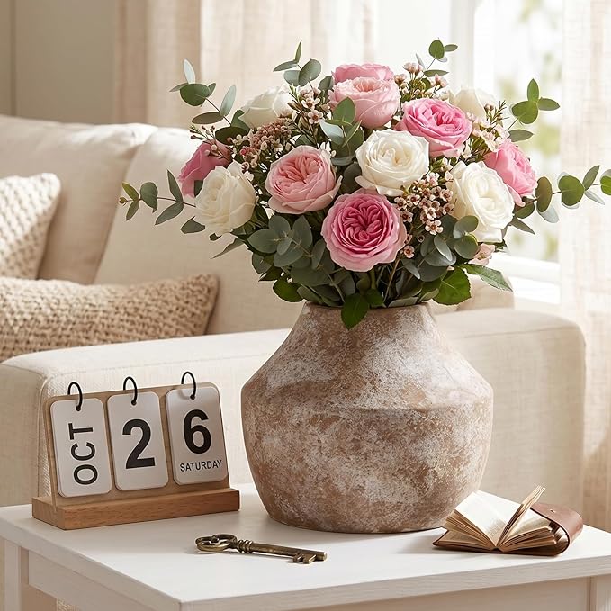 Ceramic Flower Vase, 5.2in Farmhouse Table Rustic Vases, Small Flower Terracotta Vases for Home Decor, Living Room,Table, Handcrafted (Terracotta)