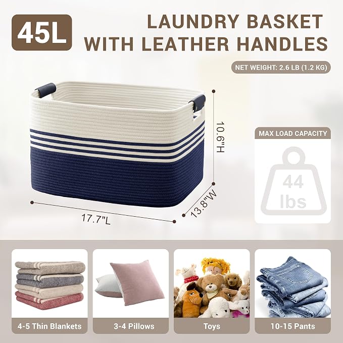 45L Laundry Basket with Leather Handles for Living Room Storage,Woven Rope Baskets for Blanket,Kids Toy,Gifts,Wicker Hamper for Bedroom Dirty Clothes,17.7"x13.8"x10.6"Navy