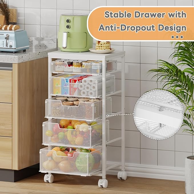 Kitchen Storage Cart with Wheels, 5-Tier Fruit Vegetable Storage Cart, Kitchen Organizer and Storage Cart with Drawers, Wooden Top Metal Wire Pantry Storage Cart for Fruit Snack Onion Potato, White