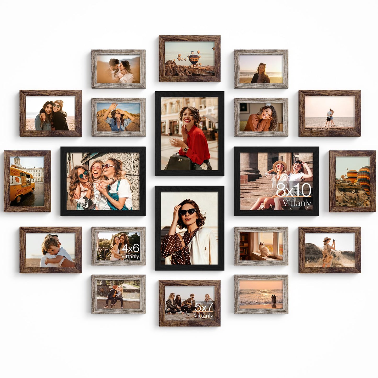 Vittanly 20 Pack Picture Frames Collage Wall Decor, Multi Sizes Including 4pcs 8x10, 8pcs 5x7 and 8pcs 4x6 Photo Frames, Gallery Frame Set for Wall or Tabletop Display, Black, Brown and Dark Grey