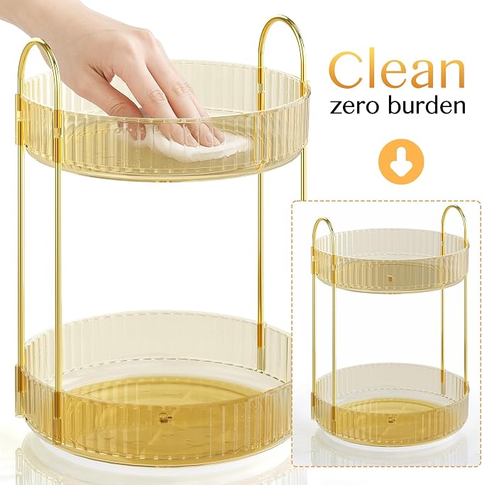 Rotating Makeup Organizer Countertop,Skincare Organizers,Spinning Perfume Tray Stand,Makeup Storage Organizer for Vanity,Bathroom Organizer and Storage,Lazy Susan,2 Tier,Gold