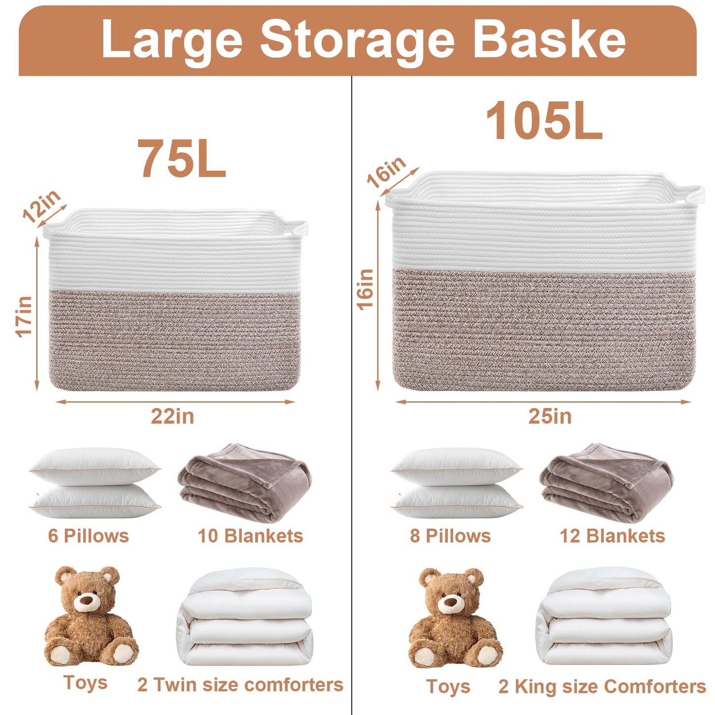 75L Extra Large Blanket Basket for Living Room - Cotton Rope Laundry Hamper Woven Baskets XXL Storage Bin with Handles for Dirty Clothes, Kids, Pets, Toys, Bedroom, 22" x 17" x 12", White & Brown