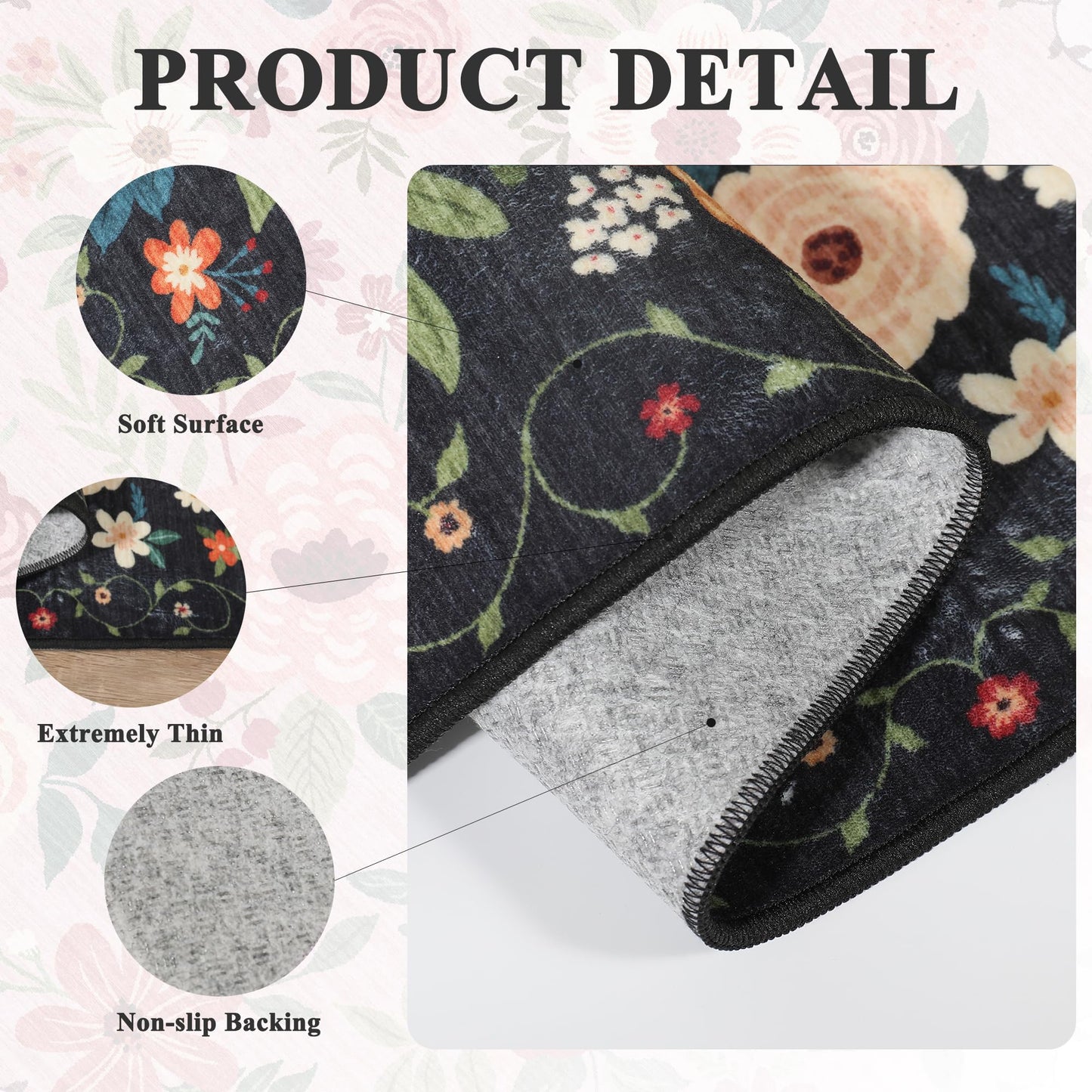 DUKINO 2x3 Rugs for Entryway, Floral Indoor Washable Door Mat, Non Slip Boho Small Rug for Kitchen, Soft Low Pile, Front Door Throw Rug for Entrance, Bedroom, Kitchen, Laundry, Bathroom, Black