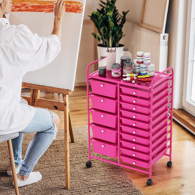 GOFLAME 15-Drawer Rolling Storage Cart, Craft Storage Cart with Removable Drawers & Lockable Wheels, Art Cart Supply Storage Organizer for Home Office Classroom, Hot Pink