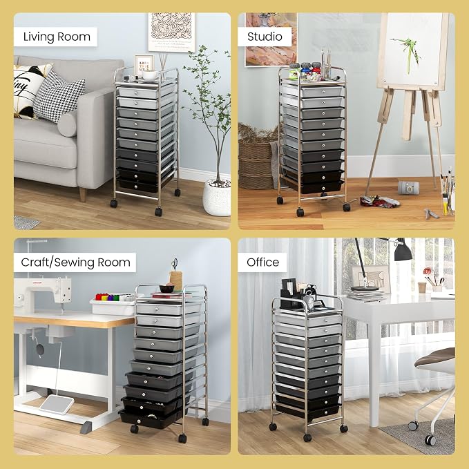 COSTWAY 10-Drawer Rolling Storage Cart, Utility Mobile Trolley with Removable Drawers & Universal Casters & 2 Brakes, Versatile Flexible Drawer Organizer Cart for Home, Office, Mixed Black