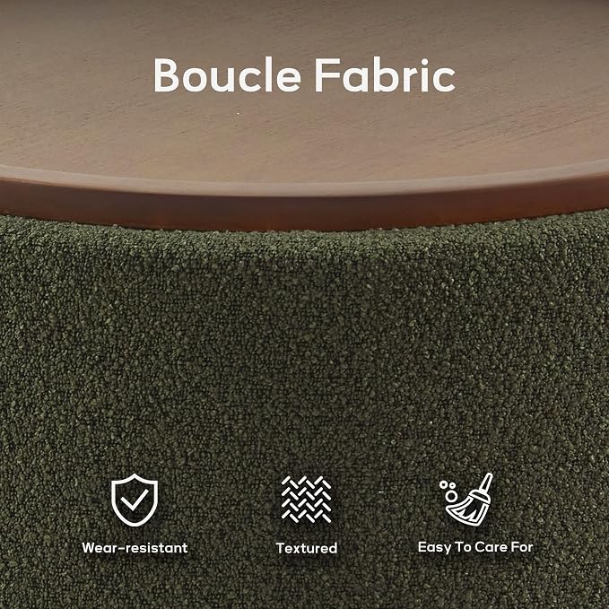 Zihanhome 30 Inch Round Storage Ottoman Coffee Table, Modern Boucle Ottoman with Lift-Off Lid and Solid Wood Legs for Living Room, Bedroom, Corners, Apartments (Green)