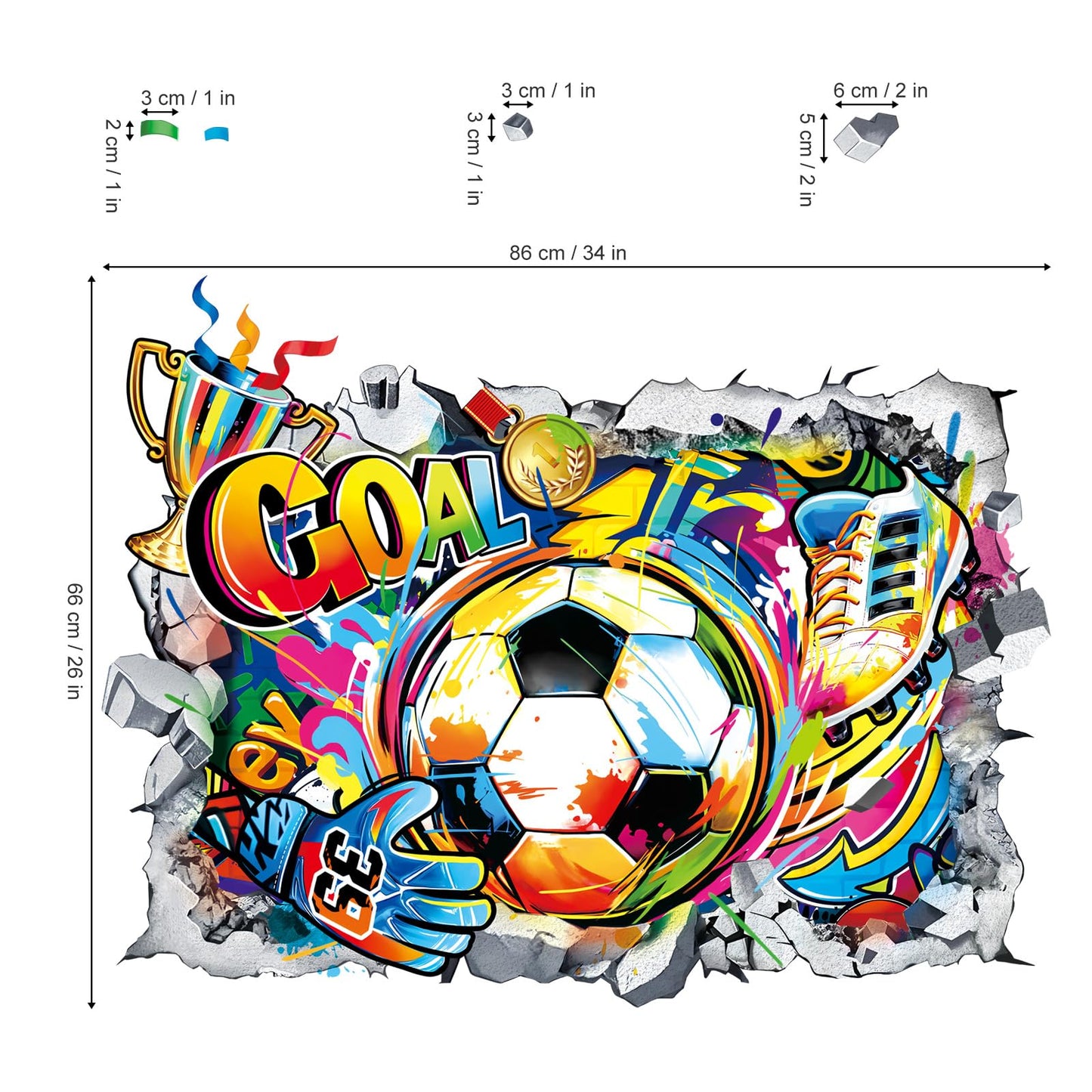 decalmile 3D Soccer Wall Stickers Football Sport Breakthrough Wall Decals Boys Bedroom Playroom Teenager Room Home Decor