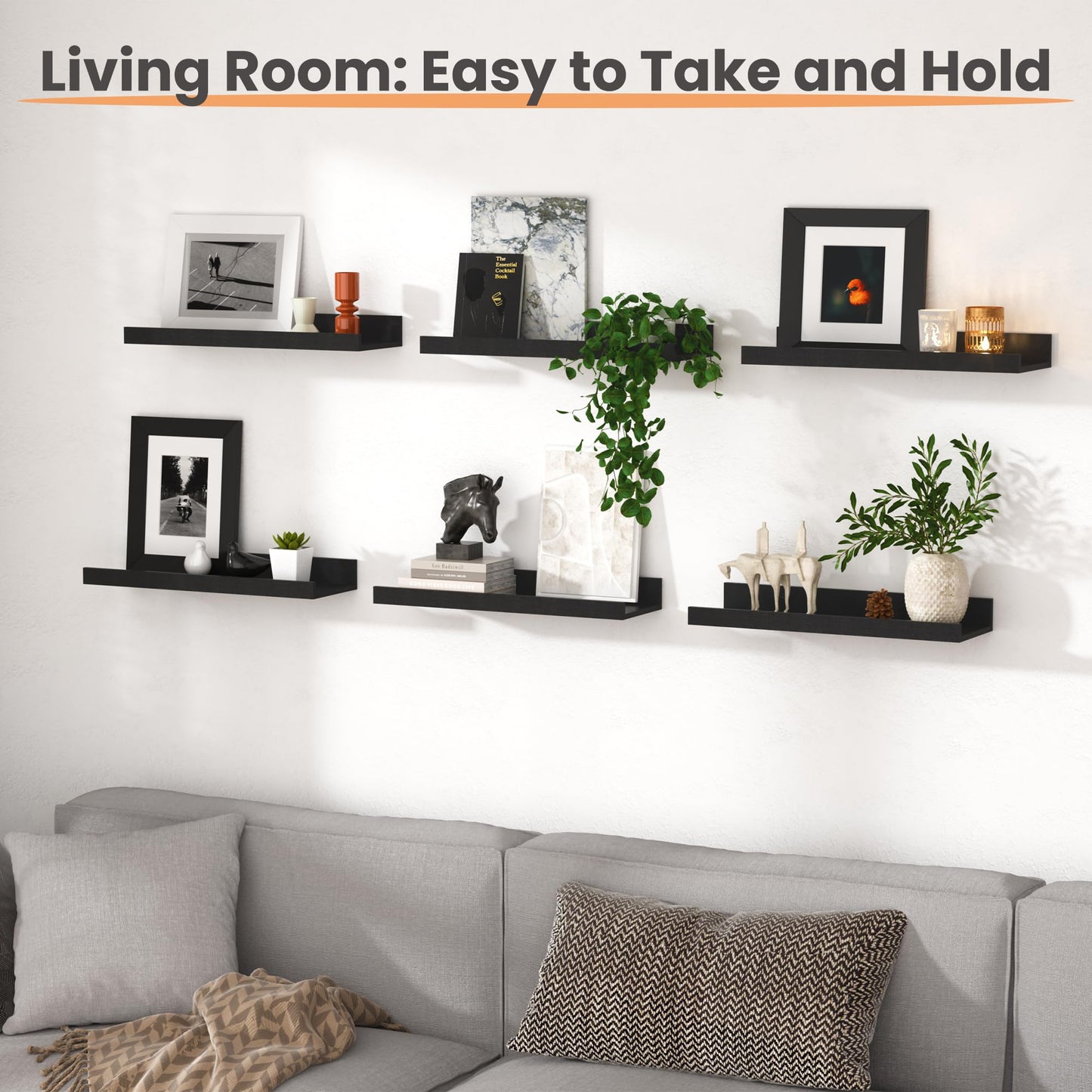 upsimples Floating Shelves for Wall, Wall Shelves for Decor Storage Set of 6, Wall Mounted Wood Shelf for Bedroom, Living Room, Bathroom, Kitchen, Picture Ledge Shelf, Black