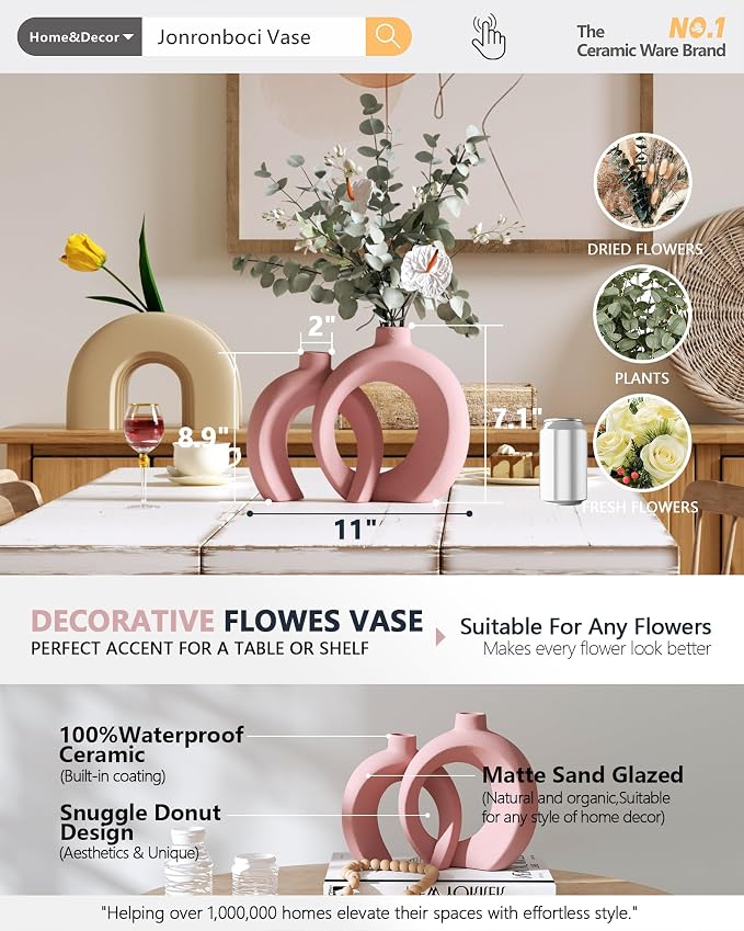 Set of 2 Pink Ceramic Vases for Home Decor Accents - Unique Hollow Donut Artistic Design Coquette Feminine Style Decorative Vases for Shelf, Mantel, Entryway Table Decor (Matte Pink)