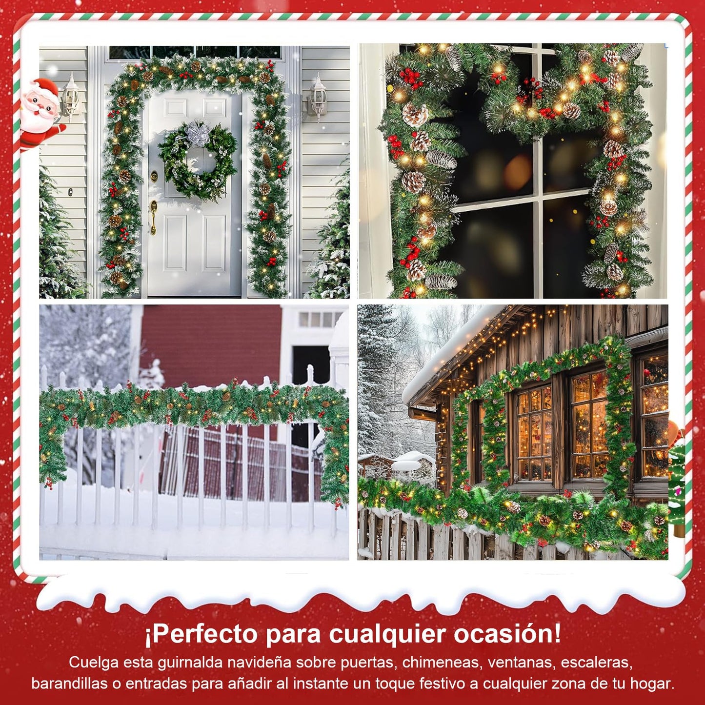 Christmas Garland with Lights - 9FT Pre-Lit Flocked Garland with 50 LED Bulbs, Red Berries, Pine Cones, Artificial Pine Battery Operated Garland for Fireplace, Staircase, Indoor & Outdoor Decoration