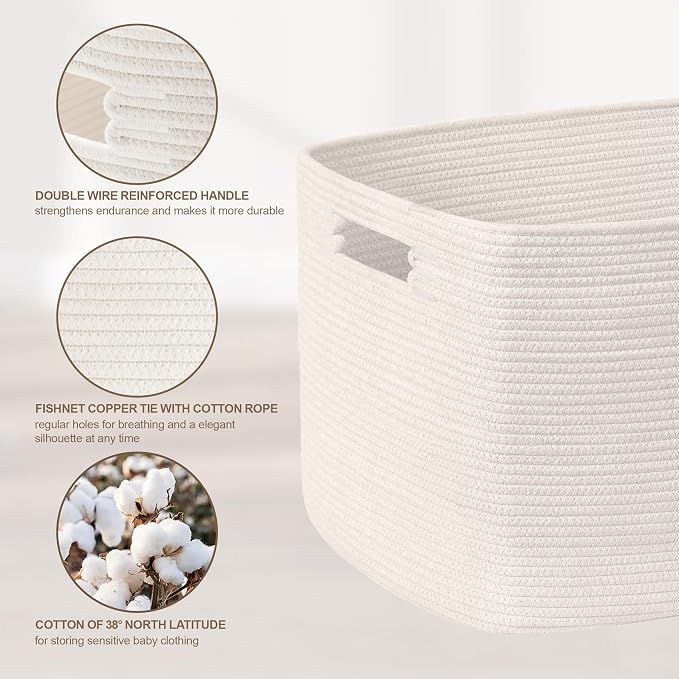 45L Small Baby Girls Laundry Basket for Nursery Storage,Cute Woven cotton Rope Baskets for Kids Toy，Gifts,Boho Square Wicker Blanket hamper for Living Room,Bedroom Dirty Clothes, White