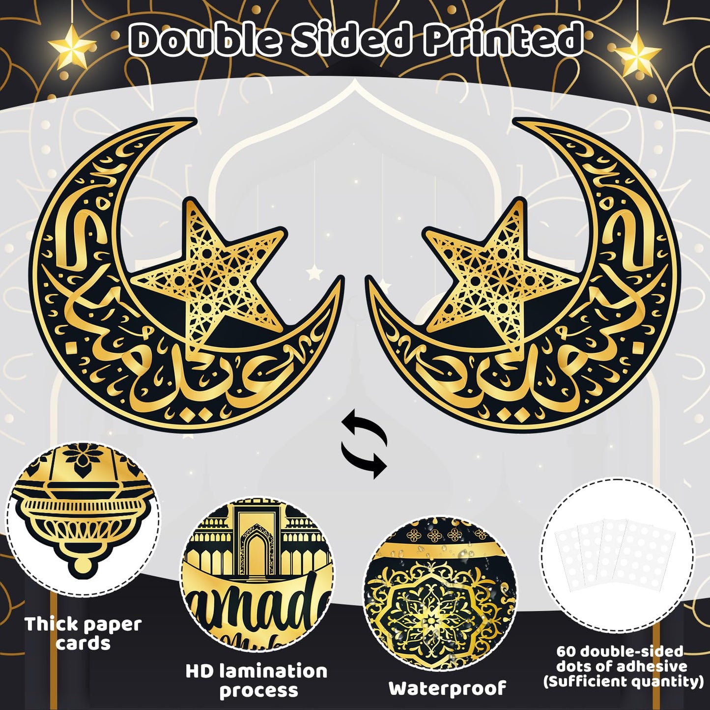 Large 11"x14" Eid Mubarak Cutouts Decorations Cardboard Cutout Set of 12, Ramadan Cutouts Wall Door Windows Decor, Muslim Islamic Mosque Castle Paper Cut Outs Decoration (Black Gold)