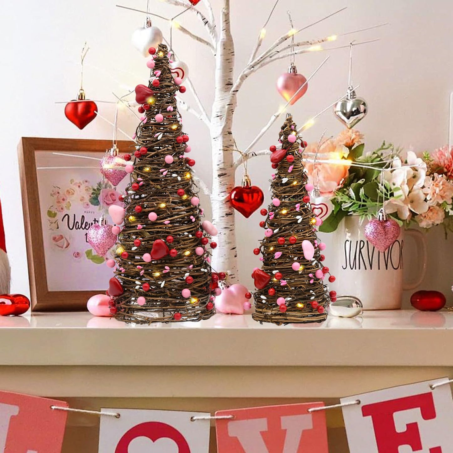CRCZK Valentines Day Rattan Table Tree Decor with Lights Valentines Day Decorations 2Pack Lighted Tree with Red Heart&Berries Pink Table Centerpieces Valentine's Day Decorations Indoor Party Gifts