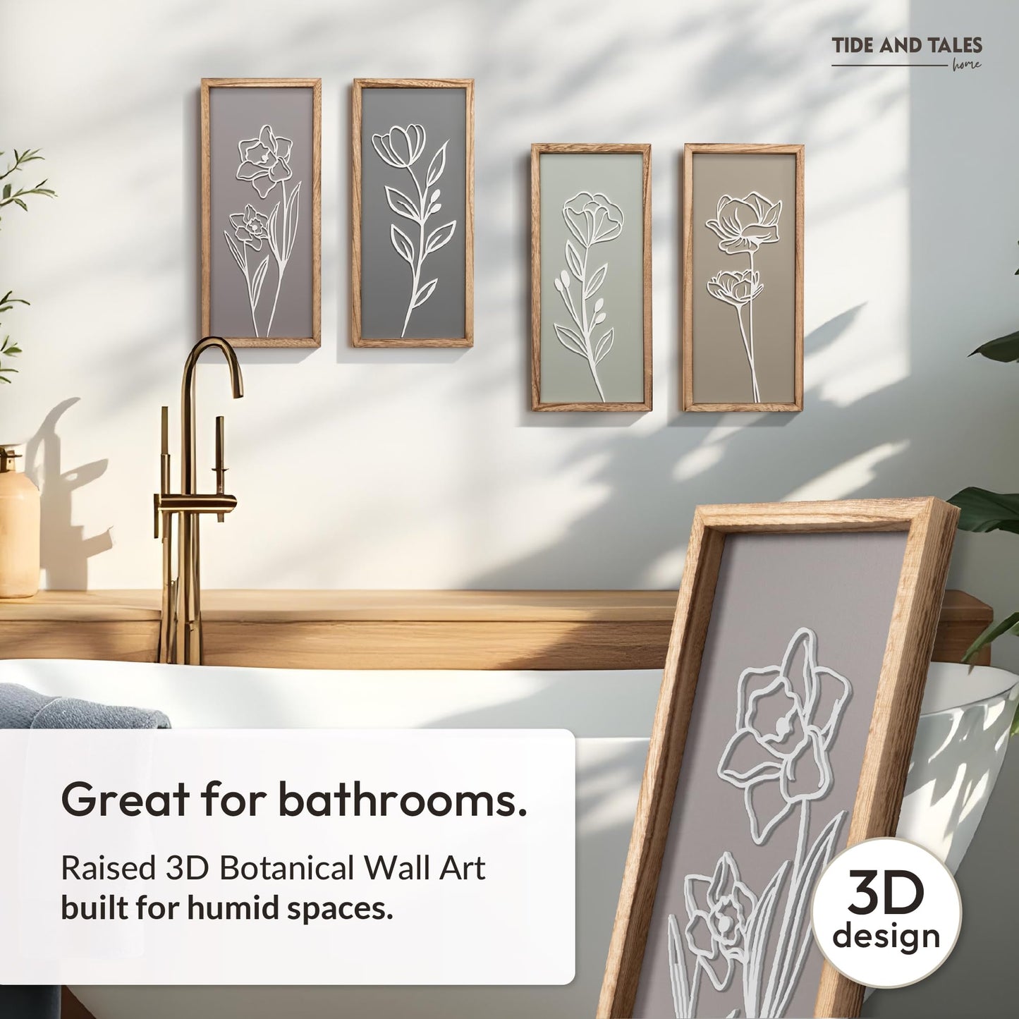 3D Wooden Floral Bathroom Wall Decor (Set of 4) Lightweight, Ready-to-Hang Framed Wall Art For Living Room, Bedroom, or Office - Premium Boho Botanical Farmhouse Decorations - Gift-Boxed