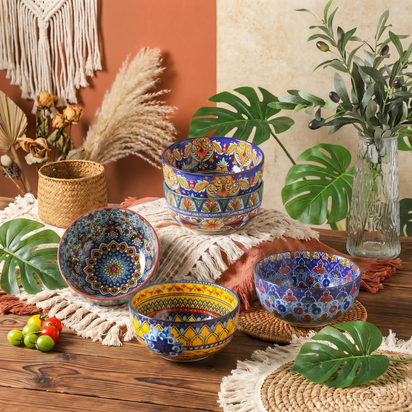 glowworm Cereal Bowls, 26 Oz Ceramic Soup Bowl Set of 6, Colorful Bowl for Kitchen Cooking, Ideal for Rice Oatmeal Fruit Ice Cream Dessert, Dishwasher & Microwave Safe, Bohemian