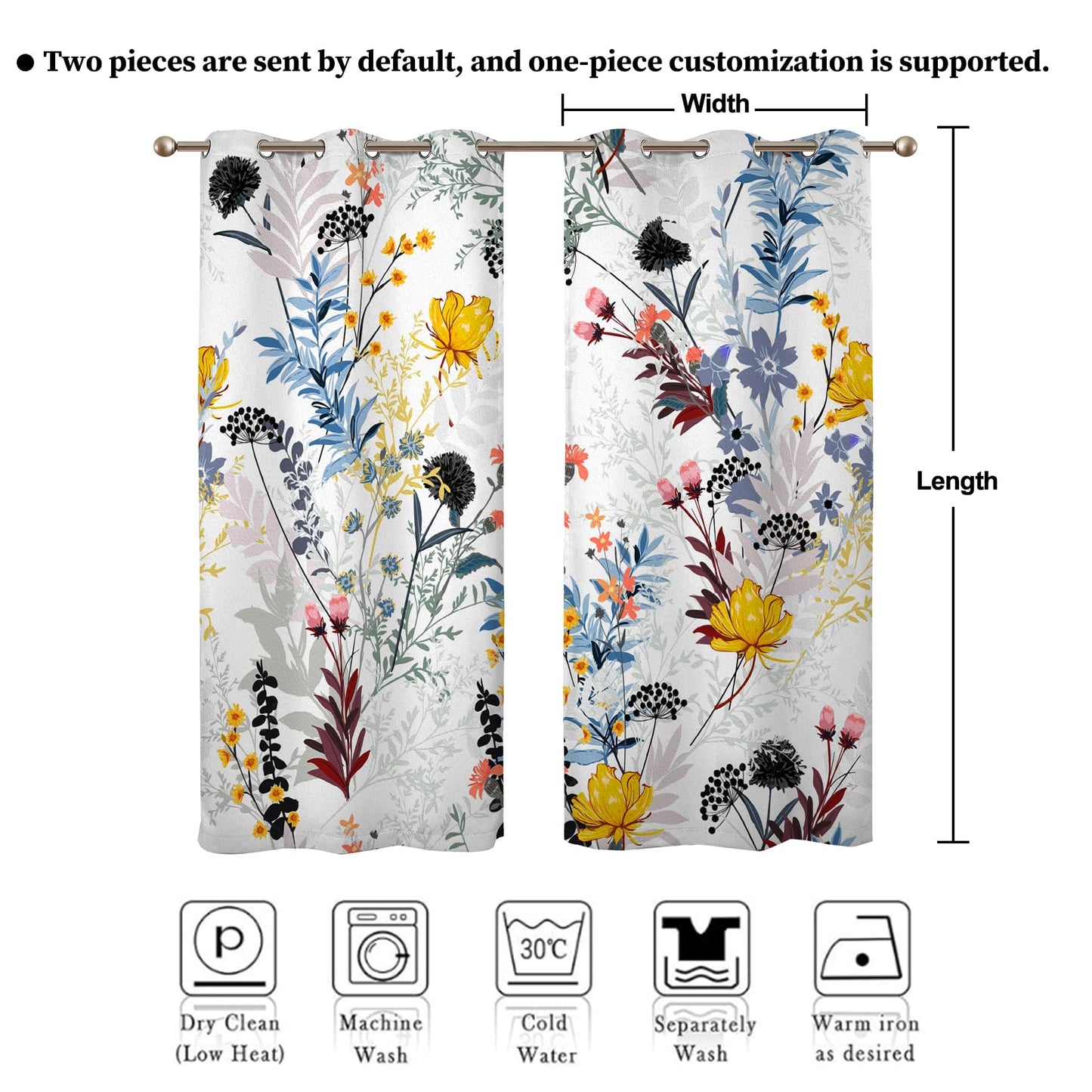Renaiss Botanical Plants Blackout Curtains, Wild Flowers Plants Print Thermal Insulated Bedroom Window Curtains, Boho Floral Window Drapes for Living Room, 84" L x 42" W 2 Panel Set