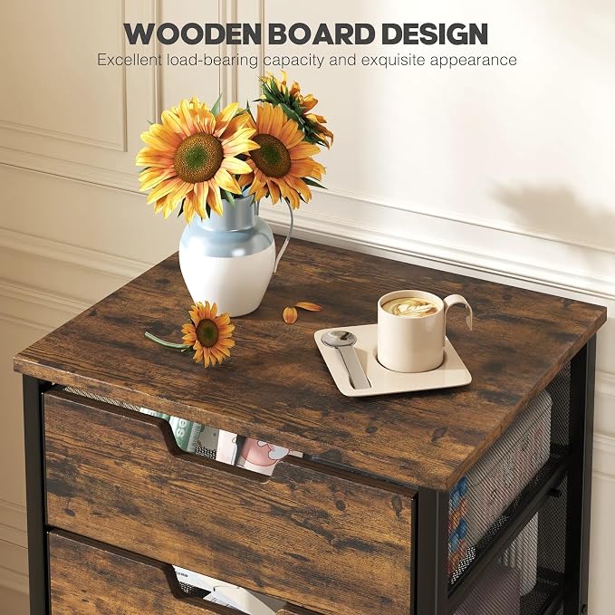 Rolling Cart with Drawers, Wooden Top and Front, with Wheels Metal Under Desk Storage Cart with 4 Drawers, for Office, Bedroom, Classroom, Home, Rustic Brown