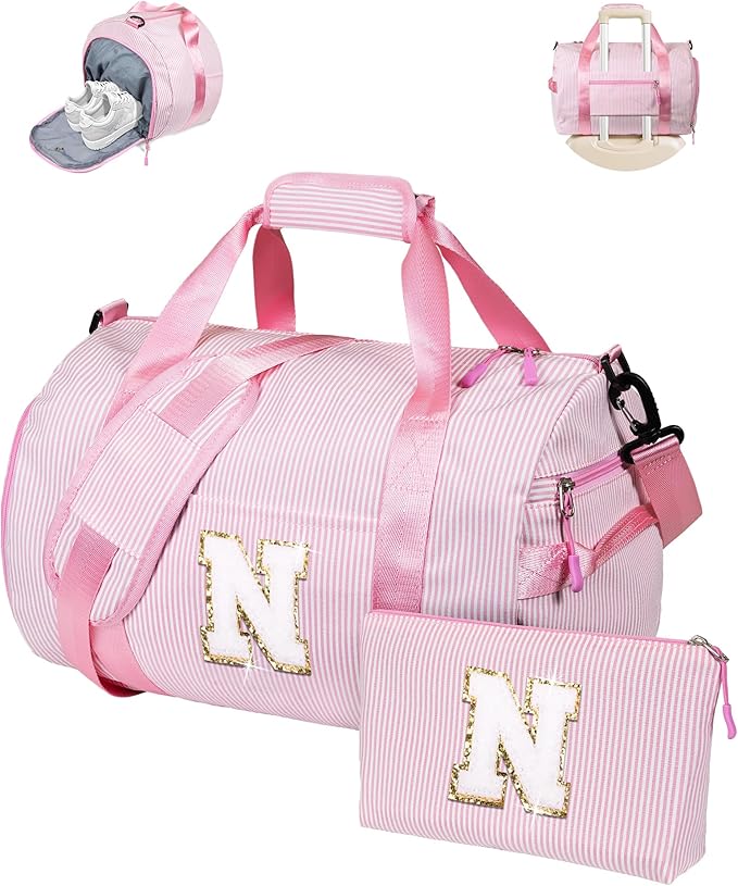Gifts for Teenage Girls, Girl Gym Bag, Kids Initial Overnight Duffel Bags with Shoe Compartment, Personalized Travel Bag with Makeup Pouch, Dance Recital Gifts for Daughter (Letter N)