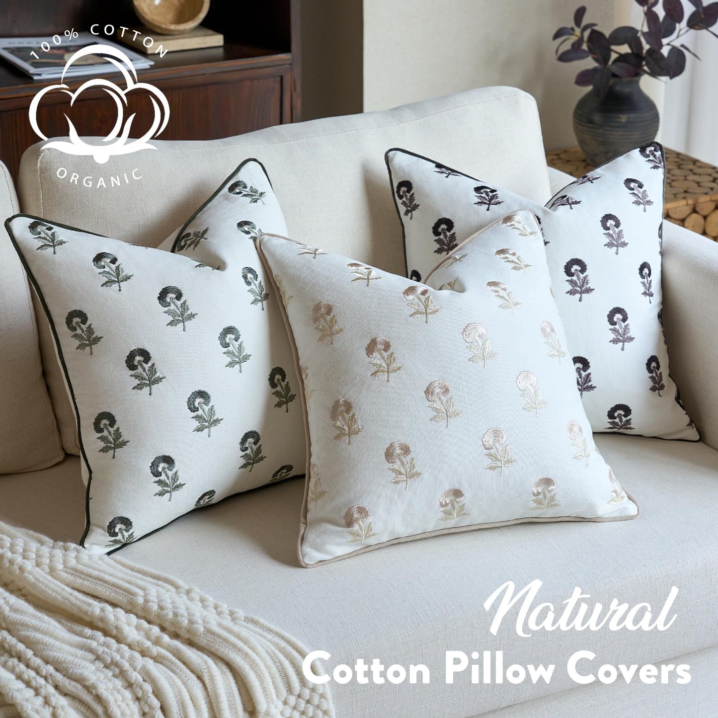 FIOUOVO Embroidered Floral Pillow Covers 18x 18 Set of 2 Cotton Farmhouse Throw Pillow Covers with Piping Edge Decorative Cushion Covers for Sofa Couch Bedroom Living Room, Olive Green