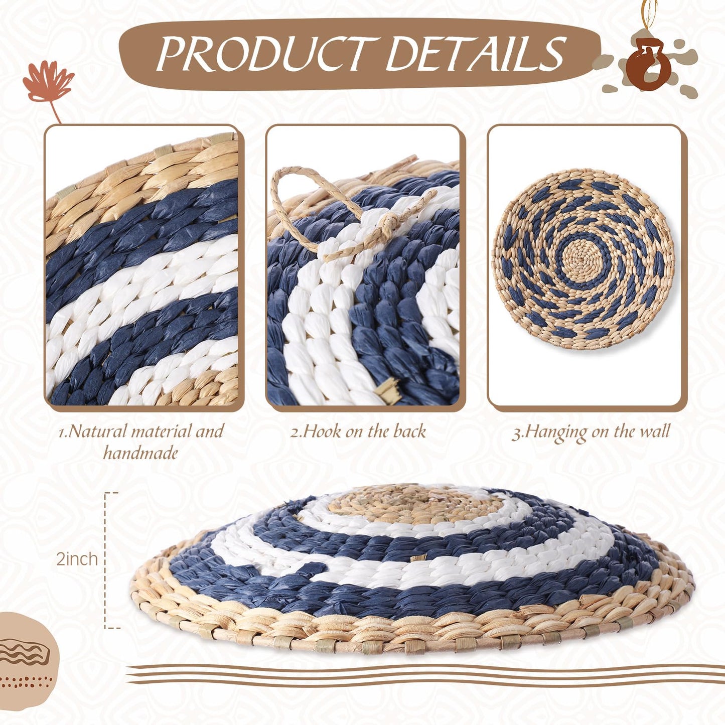 Anglechic 15 Pcs Boho Wall Basket Decor Woven Rattan Seagrass Wall Decor Hanging Rustic Farmhouse Western Art Decoration for Nursery Living Room Bedroom Home Kitchen(Blue Style)