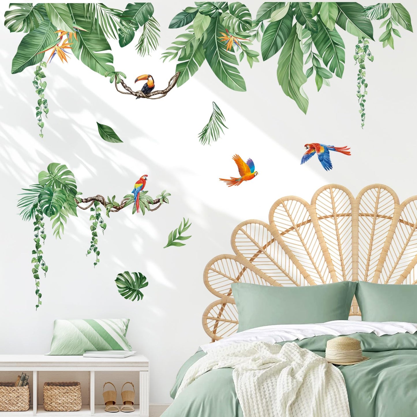 decalmile Tropical Jungle Leaves Wall Decals Palm Leaf Hanging Vines Green Plants Wall Stickers Living Room Bedroom Tv Background Wall Decor
