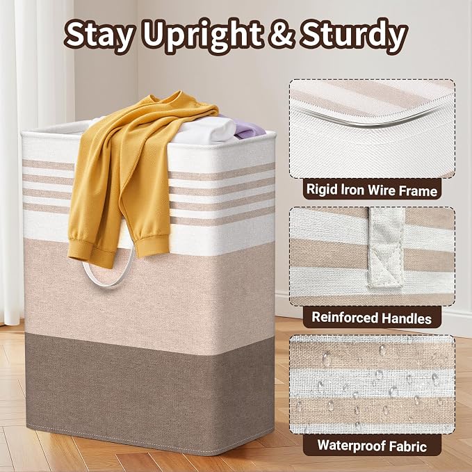 WOWBOX 2 Pack Laundry Baskets, Laundry Hampers, Freestanding Dirty Clothes Hampers with Reinforced Handles & Cross Stitch & Waterproof Coating, for Laundry Bedroom Bathroom Dorm,125L Khaki