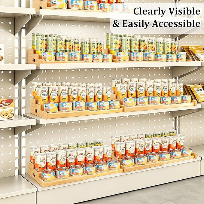 Expandable Can Rack Organizer for Pantry, 3 Tier Bamboo Adjustable Can Storage Holder, Soda Organizer Holds Up to 24 Cans, Canned goods Storage Display Shelf for Kitchen,Countertop, Cabinet