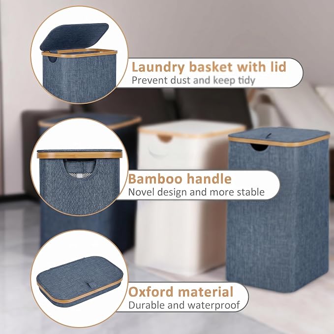 iEGrow 65L Slim Laundry Hamper, Narrow Laundry Basket with Lid,Foldable Clothes Hamper with Bamboo Handles,Hamper Basket with Removable Inner Bag for Laundry Room Bedroom College Dorm,17.17 Gals Blue