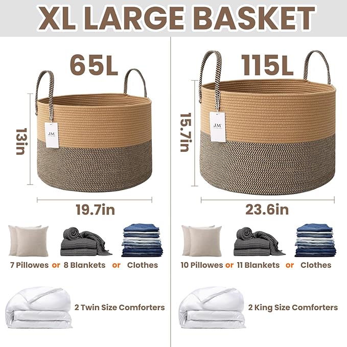 JMvicyroam 65L Extra Large Blanket Basket for Living Room - Woven Cotton Rope Laundry Hamper with Reinforced Handles - Storage Bin for Pillows, Comforters & Toys - Machine Washable,Jute&Black