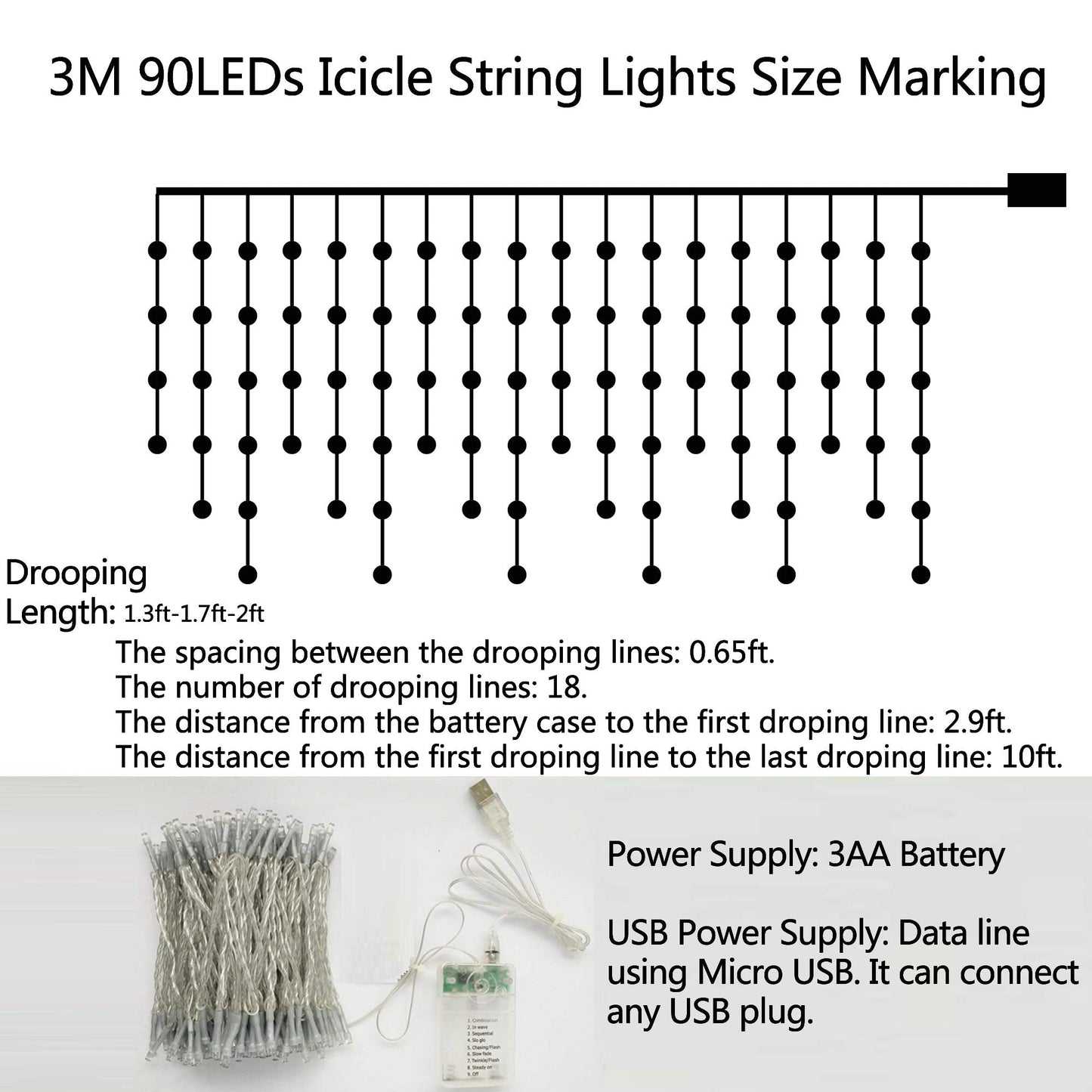 Icicle Lights 90 LED 10 ft Short Curtain Lights with 8 Modes Remote Control,Powerd by USB & Battery - Waterproof Fairy String Lights for Indoor & Outdoor,Holiday,Party,Window Decoration(Warm White)