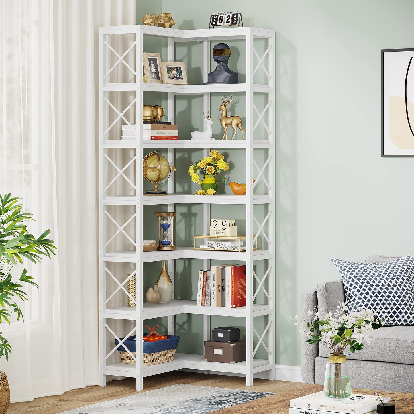 Tribesigns 7-Shelf Corner Bookshelf,Large Modern Corner Bookcase, 7-Tier Tall Corner Shelf Storage Display Rack with Metal Frame for Living Room Home Office (White)