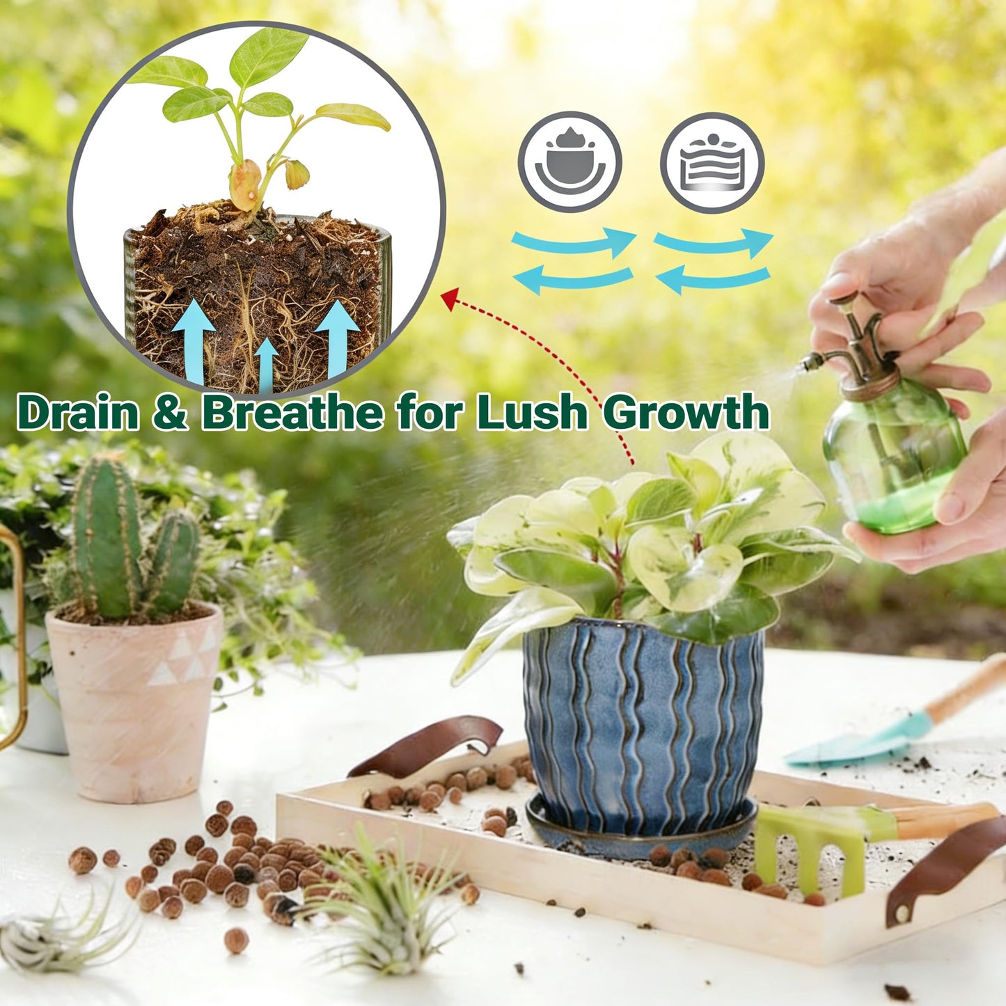 Ceramic Planter, 4.5+5.5 Inch Small Plant Pots, Flower Pots Indoor Planters with Drainage and Tray, Pot for Indoor Plants - Succulents, Snake Plant, Cactus, Aloe Vera, Herb for Home Decor(Glaze Blue)