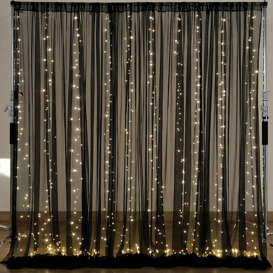 10×10ft Black Tulle Backdrop Curtain with Lights String for Parites, Sheer Photo Backdrop Curtains for Wedding Party Photography Background