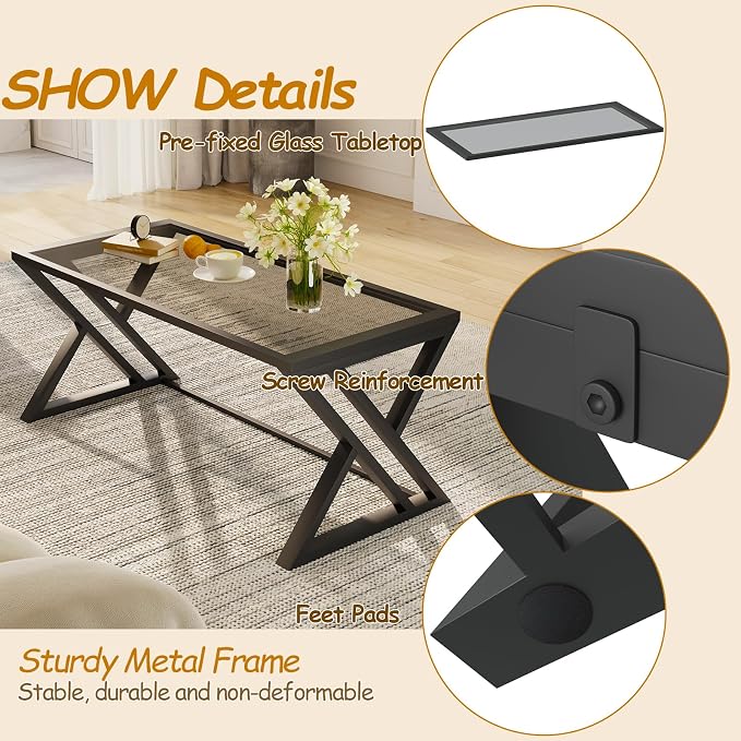 Wolawu Coffee Table Grey Glass Coffee Table for Living Room,Modern Rectangular Center Table with Sturdy Metal Frame,Tempered Glass Tables for Bedroom Home Office
