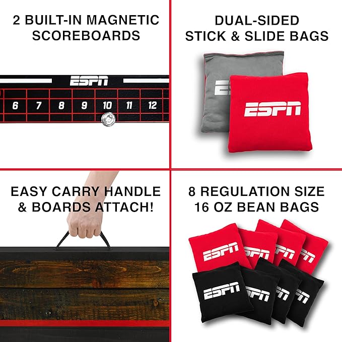 ESPN Solid Wood Cornhole Board Set, Includes Bean Bags and Travel Case, Ideal for Outdoor Games