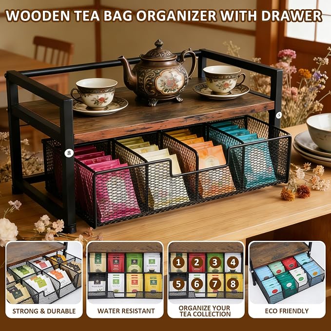 Tea Bag Organizer, Tea Bag Organizers and Storage with Drawer, Tea Bag Holder Natural Wood & Metal with 8 Compartments, Tea Storage Chest Container Box for Countertop Kitchen with 4 Hooks