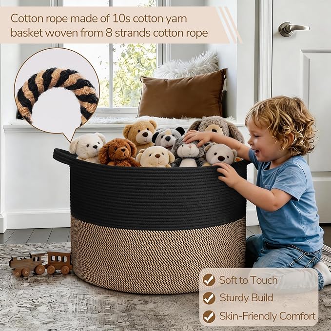 INDRESSME 115L Extra Large Storage Baskets for Organizing, Blanket Basket Living Room Dog Toy Bin, Wicker Storage Woven Laundry Basket for Pillows, Towel Shoes Entryway, Mix Black