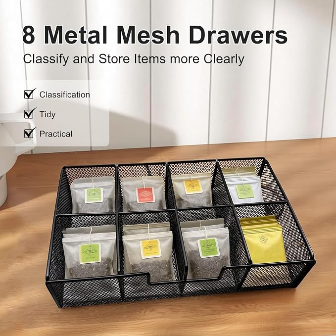 Tea Bag Organizer Wood Tea Organizer with 8 Compartments Storage Chests Tea Station Chest Display Container Box for Countertop Kitchen