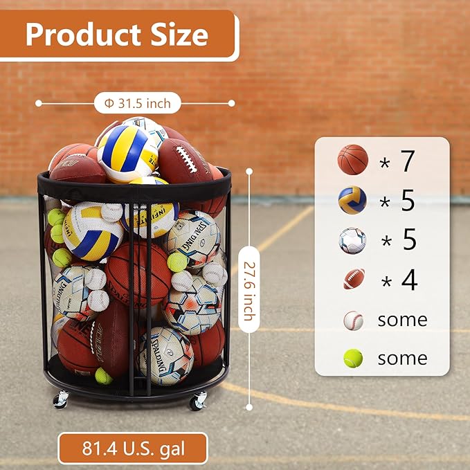 Ball Storage Bin for Garage, Balls Holder for Soccer, Basketball, Ball Cart, Rolling Basketball Rack for Outdoor, Indoor