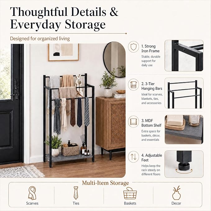 Freestanding Towel Rack, 3 Tier Blanket Ladder Stand with Oak Grey Wooden Shelf for Bathroom Living Room (31.5" H x 16.9" W x7.9 D)