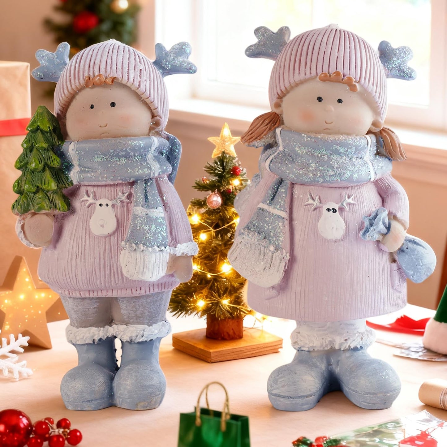 Brizoria Christmas Home Decor Cute Girl Dolls Set of 2 Resin Miniature Figurines with Reindeer Hats Winter Decorations for Home Mantel Tiered Tray Tabletop Christmas Decorations Indoor