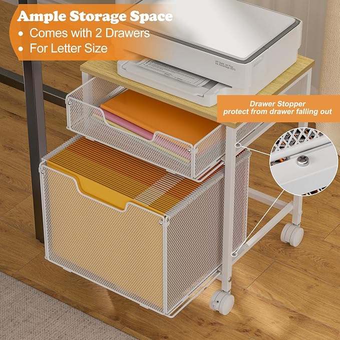 Tiaoheka Rolling File Cabinet Cart, Printer Stand with Storage Drawer, Mobile Filing Cabinet on Lockable Wheel, Hanging File Folder Organizer Beside Under Desk for Office Home, White (Patent Pending)