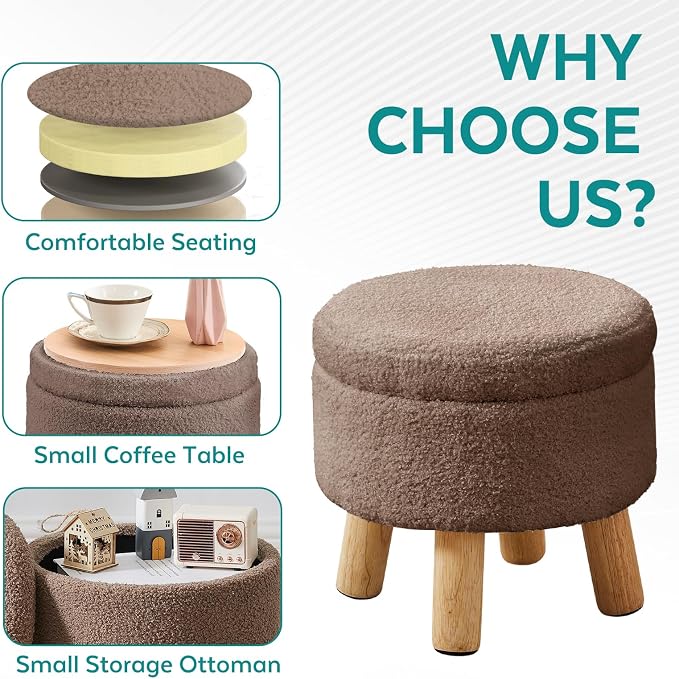 Small Foot Stool Ottoman with Storage, Sherpa Ottoman Foot Rest for Couch, Round Footstool with Storage, Small Ottomans and Footstools for Living Room and Entryway (Brown)
