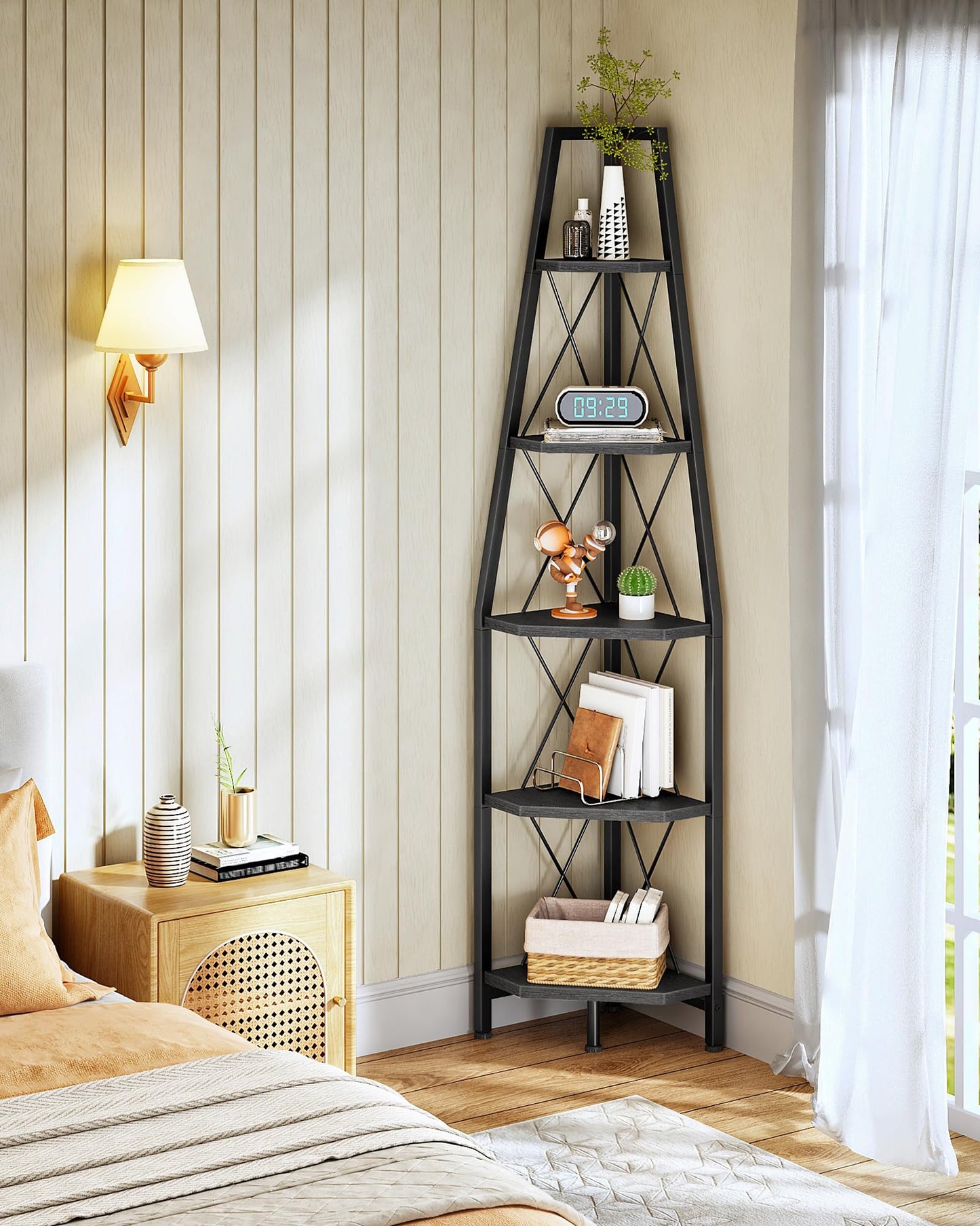 CHOEZON 5-Tier Corner Shelf, Corner Bookshelf, Ladder Shelf, Floor Standing Storage Rack, Open Display Stand, Plant Stand, for Living Room, Bedroom, Study, Bathroom, Black TCJ22BB