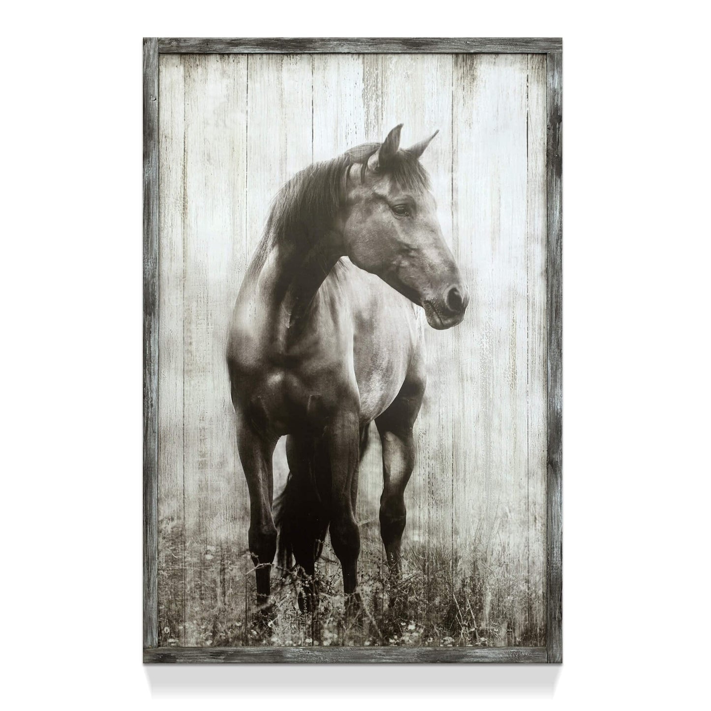 artopia Horse Wooden Farmhouse Wall Art: Farmed Rustic Gray Horse Decor Nature Wildlife Portrait Painting Western Animals for Bedroom Farm 16x12
