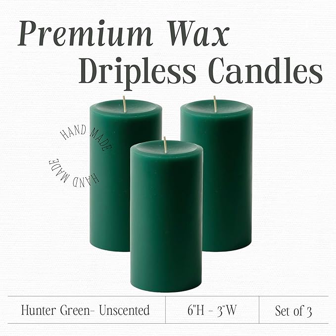 Mister Candle Dripless Unscented Pillar Candles, Set of 3 Hand Poured Hunter Green Pillar Candles, Solid Color Non-Scented Candles for Home Decor, Premium Wax, 80 Hr Burn Time, 3x6 Inch