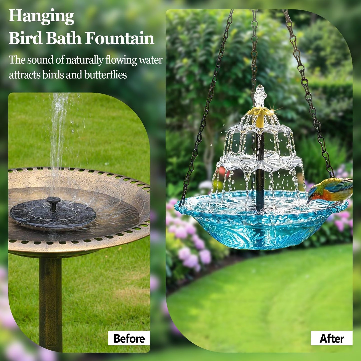 Hanging Solar Bird Bath Fountain, 2026 New Solar Powered Cascading Outdoor Water Fountain, Large Humming Birds Baths Fountains for Outdoors Garden Patio Backyard Lawn Decor