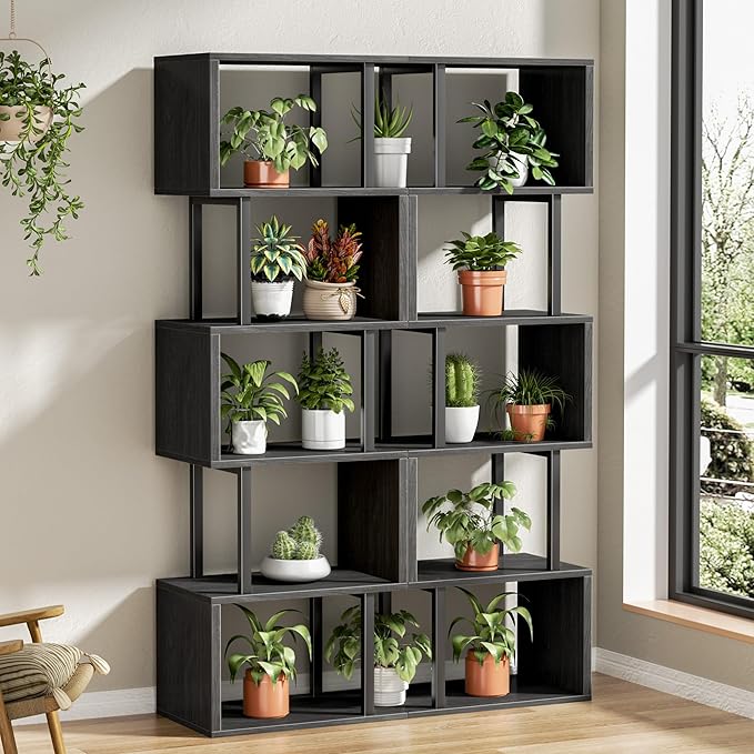 Furologee 6 Tier Bookshelf Tall Geometric Bookcase, S Shaped Industrial Display Standing Shelf, Metal and Wood Decorative Storage Room Divider Rack for Bedroom, Living Room, Office, Light Black Oak