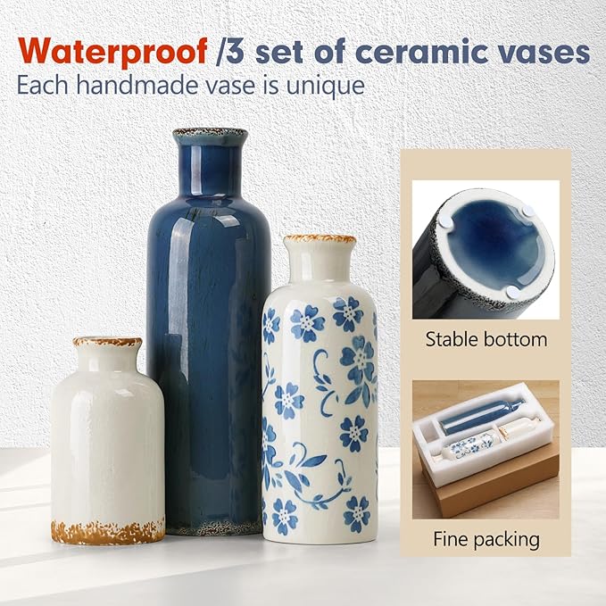 Ceramic Vases Set of 3, Blue and White Vintage Flower Vase for Farmhouse Shelves, Rustic Vase for Table Bookshelf, Living Room Decorative